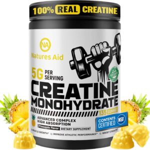 Natures Aid NSF Certified Creatine Gummy 5g – Creatine Monohydrate Gummies – Pre-Workout Energy & Muscle Growth Support for Men & Women | Pineapple Electrolyte Gummies (135 Count)