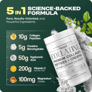 Collatine – Premium Collagen Peptides + Creatine with Vitamin C, Hyaluronic Acid and Magnesium for Skin, Hair, Nails, Bone & Joint, Muscle, Immune and Cognitive Aid (.55 LB (250 G/8.8 OZ)