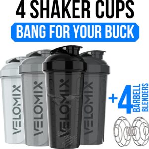 VELOMIX -4 Pack- 28 oz Protein Shaker Bottles for Protein Mixes – 4x Wire Whisk | Leak Proof Shaker Cups for Protein Shakes | Protein Shaker Bottle Pack (Silver Mix)