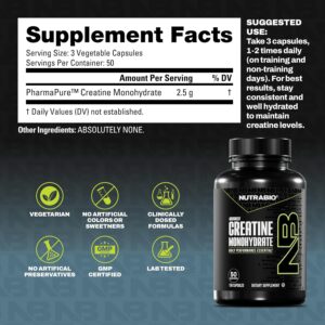 NutraBio Pure Micronized Creatine Monohydrate Capsules, Creatine Pills, Supports Bulk Muscle Energy, Recovery, and Strength – Keto Friendly, Kosher, Creatine Nutritional Supplement for Men and Women