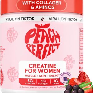 Peach Perfect Creatine Blend for Women – Micronized Creatine Monohydrate with BCAA & Collagen for Glute Strength Support – Strawberry Acai – 30 Servings
