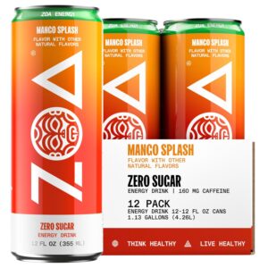 ZOA Zero Sugar Energy Drinks, Mango Splash – Sugar Free with Electrolytes, Healthy Vitamin C, Amino Acids, Essential B-Vitamins, and Caffeine from Green Tea – 12 Fl Oz (Pack of 12)