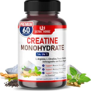 Ultra Creatine Pills | Creatine Monohydrate Capsules Enhanced with L-Arginine, L Citrulline, Ginseng | Support Stamina, Energy & Muscle Growth | 180 Capsules