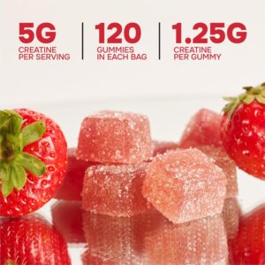 3rd Party Tested Creatine Gummies 5g per Serving, Creatine Monohydrate, Strength and Recovery, Vegan and Gluten Free, Strawberry, 120 Count (30 Day Supply), Made in USA