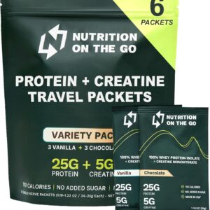 Nutrition On The Go Whey Protein Isolate Packets with Creatine – 25g Protein + 5g Creatine – Single-Serve Travel Protein Powder – Variety Pack (Vanilla & Chocolate) (6-Pack)
