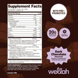 Wellah Grass-Fed Whey Protein Isolate Powder (Dark Chocolate) 30 Servings – with Prebiotics, Enzymes & Probiotics, 20g of Protein, 100 Calories, Naturally Sweetened