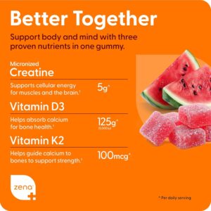 Zena Nutrition Creatine Gummies with D3 & K2, Creatine Monohydrate for Men and Women, Supports Bone, Muscle, & Cognitive Health, Gummy Workout Supplement, Watermelon Flavor, 150ct, 30 Daily Servings