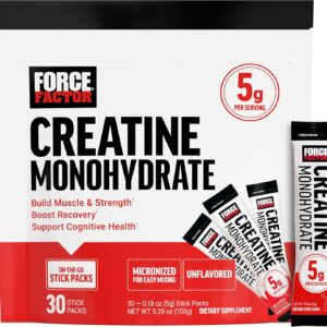 Force Factor Creatine Monohydrate, 5g Micronized Creatine Powder for Muscle Strength, Performance, Recovery and Cognitive Support, On The Go Single Serve Travel Packs, Unflavored, 30 Packets