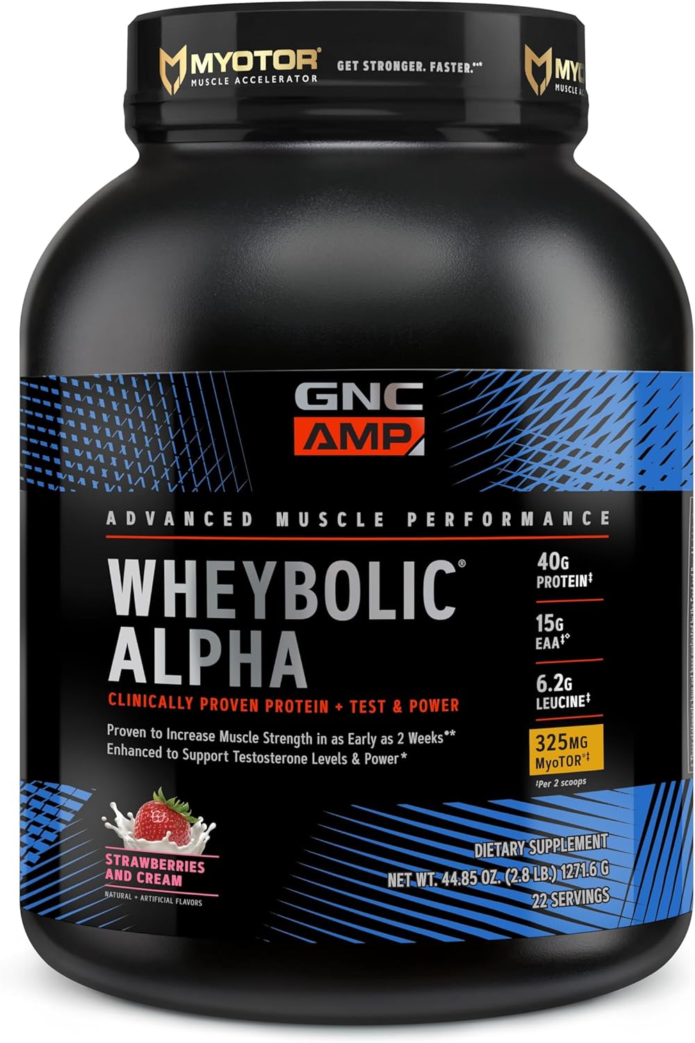GNC AMP Wheybolic Alpha Clinically Proven Protein Powder, Muscle Strength, Size & Power, Boost Testosterone, 40g Protein, 6.2g Leucine, 15g EAAs, Creatine, 3rd Party Tested, Strawberries and Cream, 22