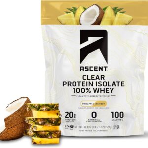 Ascent 100% Clear Whey Protein Powder – Post Workout Whey Protein Isolate, Zero Artificial Flavors & Sweeteners, Gluten Free, 5.5g BCAA, 2.1g Leucine, Essential Amino Acids, Pineapple Coconut, 20 Serv