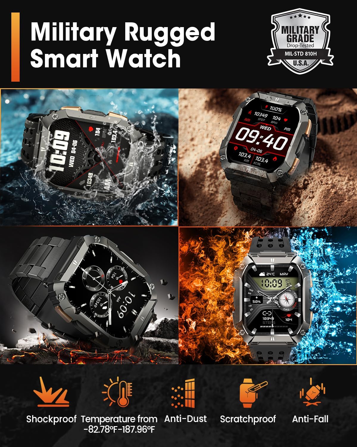 Military Smart Watches for Men, 1.95'' Smart Watch with 100 Days Battery/Flashlight, Fitness Tracker Watch with Heart Rate/Sleep Monitor/100+ Sports Mode,5 ATM Rugged Smartwatch for Android and iPhone - Image 2