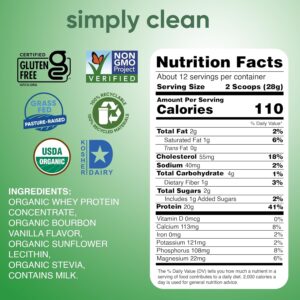 simply tera’s Organic Whey Protein Powder – Grass Fed Vanilla Whey Protein Powder, Clean, Made Without Artificial Sweeteners, Non-GMO, Kosher, rBGH-Free, Organic – 12 Oz.
