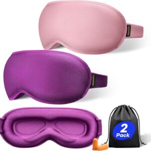 Weighted Sleep Mask 2 Pack – 3D Contoured Eye Masks for Sleep, Best Blackout Sleep Masks for Women Men, Eye Mask for Travel, Meditation, Airplane, Memory Foam, Adjustable Strap, Pink, Purple