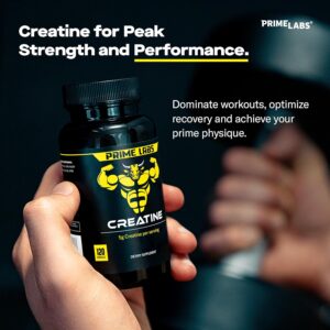 Prime Labs Creatine Monohydrate Capsules – 5g (5000mg) – Muscle Growth, Recovery, Brain Function – for Men & Women – 120 Count