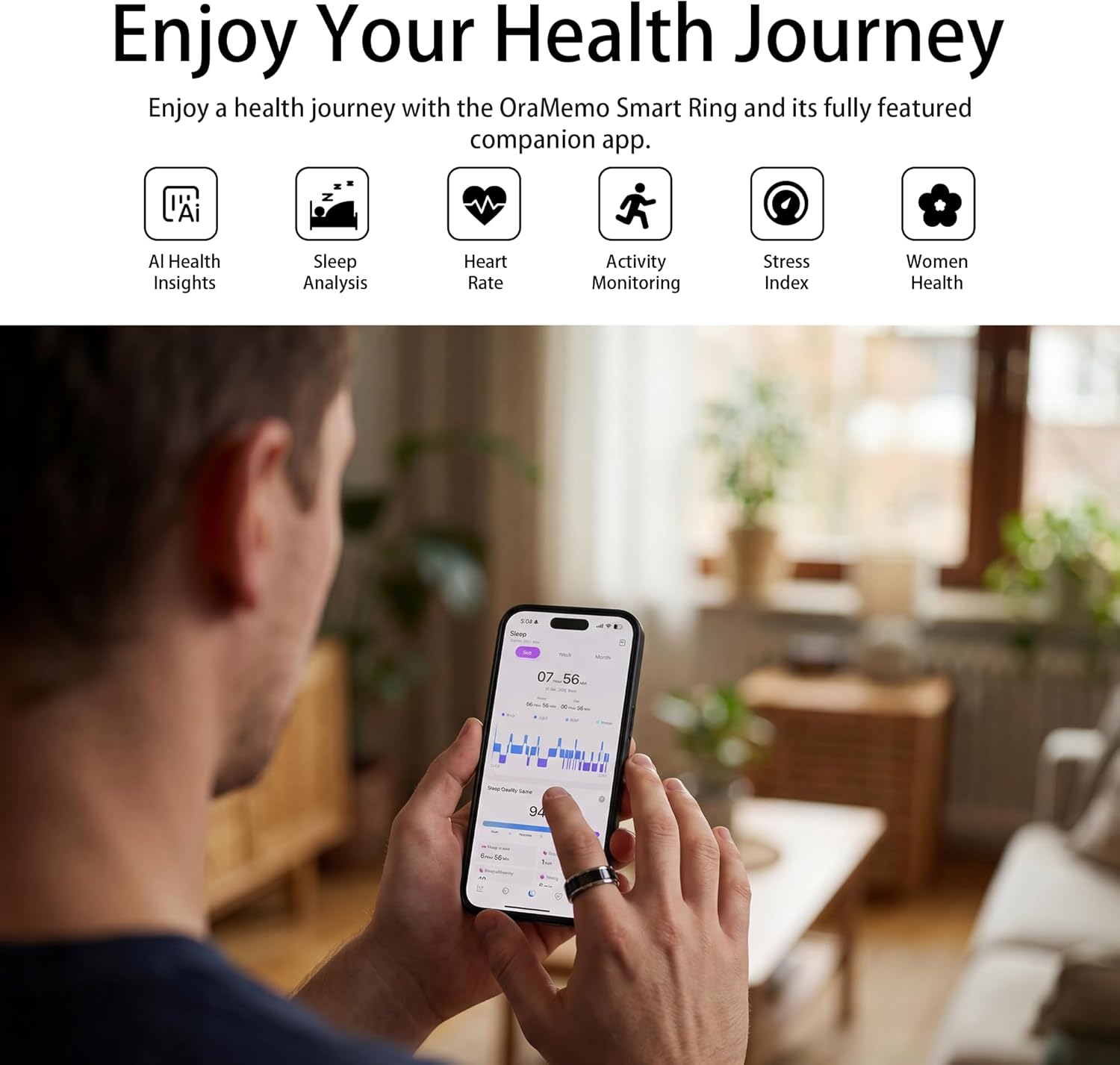 Smart Ring 1.0 for Men/Women, No Subsripition Fee, 7-8 Days Battery Life, HRV/Stress Monitoring/Sleep Track/Fitness for iOS and Android(Matte Gold & Silver, Size 12) - Image 3