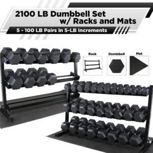 WF Athletic Supply Rubber Coated Hex Dumbbell Set, Multiple Choices Available – Dumbbells with Rack Stand and Mat, or Dumbbells Only (200/550/1200/2100/3000 LB)