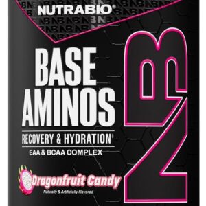 NutraBio Base Aminos EAA + BCAA Powder –10g Essential Amino Acids Supplement, 6g 2:1:1 BCAAs, 2.8g Hydration Matrix with Electrolytes & Absorption Enhancer AstraGin® – 30 Servings- Dragon Fruit Candy