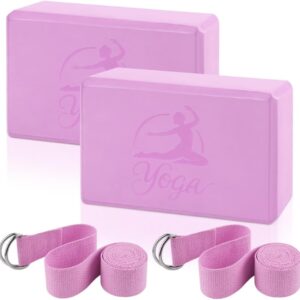 2 Yoga Block and 2 Yoga Strap Set,Non-slip EVA Foam Blocks, High Density Yoga Bricks with 6ft Strap, Supportive Latex-Free Yoga Block Accessories for Pilates