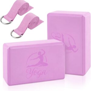 2 Yoga Block and 2 Yoga Strap Set,Non-slip EVA Foam Blocks, High Density Yoga Bricks with 6ft Strap, Supportive Latex-Free Yoga Block Accessories for Pilates