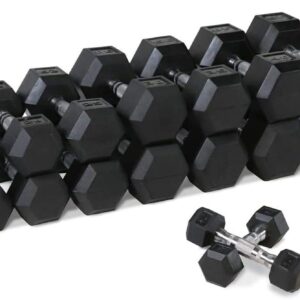 WF Athletic Supply Rubber Coated Hex Dumbbell Set, Multiple Choices Available – Dumbbells with Rack Stand and Mat, or Dumbbells Only (200/550/1200/2100/3000 LB)
