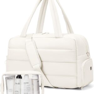 Gitus Carry On Duffle Gym Bag for Women Puffer Weekender Overnight Duffel Bag for Travel with Clear Toiletry Pouch Sport Yoga Fitness Essentials Gifts (Ivory)
