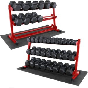 WF Athletic Supply Rubber Coated Hex Dumbbell Set, Multiple Choices Available – Dumbbells with Rack Stand and Mat, or Dumbbells Only (200/550/1200/2100/3000 LB)
