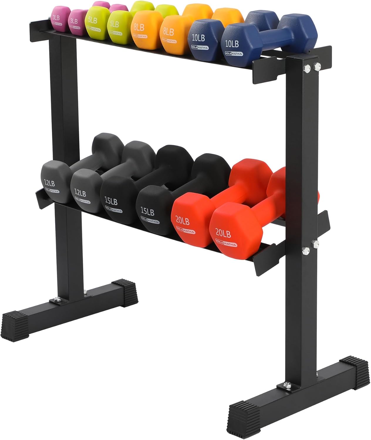 HolaHatha 146 Pound Neoprene Coated Non Slip Dumbbells with Rack for Strength Training, Includes 3, 5, 8, 10, 12, 15, & 20 Pound Sets, Multicolor - Image 6