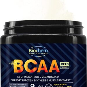 Biochem BCAA Powder Peach Mango 5g – 30 Servings | Vegan, Gluten Free, Keto, Instantized 2:1:1 BCAA Supplement for Muscle Recovery, Protein Synthesis & Hydration | Electrolyte Amino Acid Powder