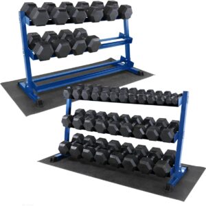 WF Athletic Supply Rubber Coated Hex Dumbbell Set, Multiple Choices Available – Dumbbells with Rack Stand and Mat, or Dumbbells Only (200/550/1200/2100/3000 LB)