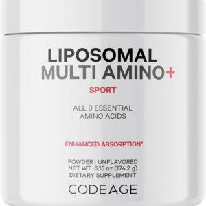 Codeage Liposomal Multi Amino Powder Supplement – BCAA & EAA Supplement All 9 Essential Amino Acids, Branched-Chain Amino Acid, Pre & Post Workout, Unflavored, Liposomal Delivery, Non-GMO, 6.15 oz