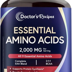 Doctor’s Recipes Essential Amino Acids Supplement, All 9 Essential Amino Acids (EAA), BCAA 2:1:1, 240 Veggie Capsules