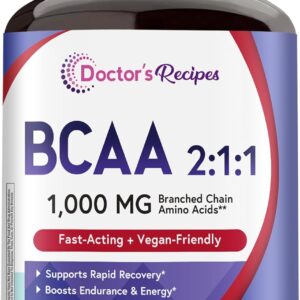 Doctor’s Recipes BCAA 1000 mg, 2:1:1 Ratio, L-Leucine, L-Isoleucine, L-Valine, Branched Chain Amino Acids, Fast Recovery, Endurance, Energy, Vegan, 120 Capsules