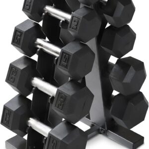 WF Athletic Supply 5-25Lb Rubber Coated Hex Dumbbell Set with A Frame Storage Rack Non-Slip Hex Shape for Muscle Toning, Strength Building & Weight Loss – Multiple Choices Available