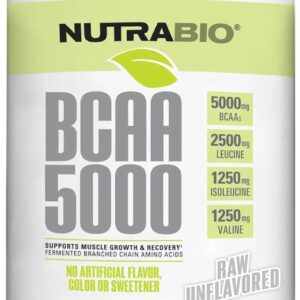 NutraBio BCAA 5000 Powder – Fermented Branched Chain Amino Acids for Muscle Growth & Recovery – Natural Flavors, Sweeteners, and Coloring, Vegan, Gluten Free – Unflavored, 60 Servings