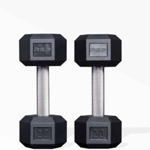 Rep Fitness Rubber Hex Dumbbell(s) – Singles (55LB +) and Pairs (5LB – 50LB) – Low Odor, Fully Knurled Handle