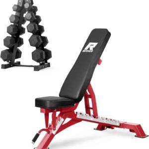 RITFIT 300/350/650LBS Rubber Coated Hex Dumbbell Set with Rack and Multi-Position Weight Bench, 1300LB Capacity for Full Body Workout