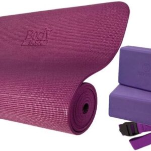 Body Sport 4-Piece Yoga Kit, (1) 72 in. x 1/4 in. Fitness Mat, (2) Purple Blocks, (1) 6 ft. Exercise Strap – Beginner Set for Home Fitness & Gym Workouts