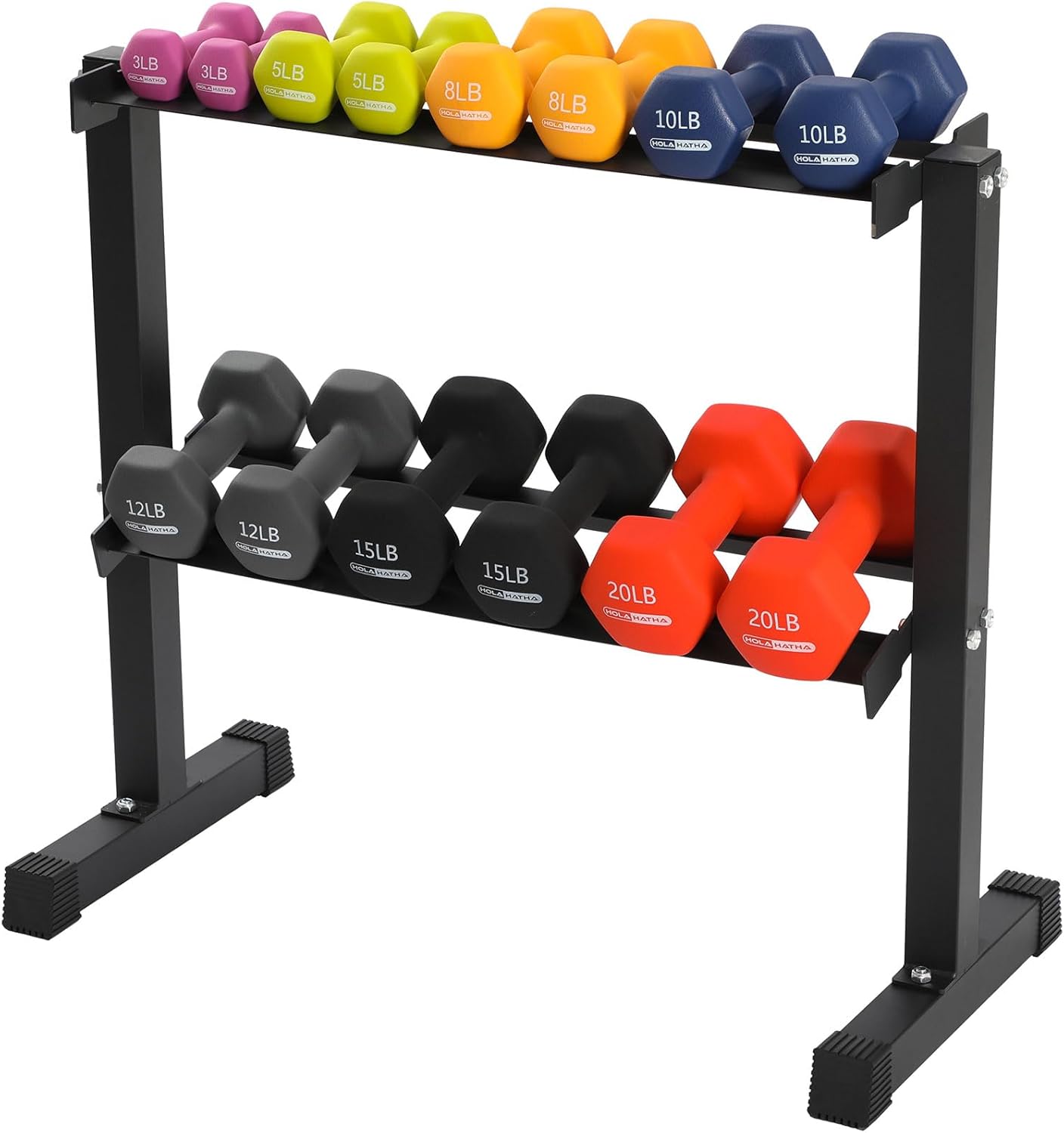 HolaHatha 146 Pound Neoprene Coated Non Slip Dumbbells with Rack for Strength Training, Includes 3, 5, 8, 10, 12, 15, & 20 Pound Sets, Multicolor - Image 5