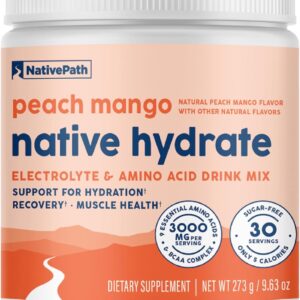 NativePath Native Hydrate, Zero Sugar, Electrolytes Powder with BCAAs, Peach Mango Hydration, Keto & Paleo Friendly, 30 Servings