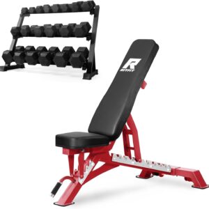 RITFIT 300/350/650LBS Rubber Coated Hex Dumbbell Set with Rack and Multi-Position Weight Bench, 1300LB Capacity for Full Body Workout