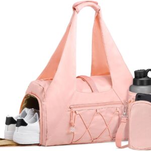 Small Gym Bag for Women, Mini Duffel Bag with Shoe Compartment, Cute Sports Tote Bag Dance Yoga Mat Luggage with Crossbody Water Bottle Bag, Pink