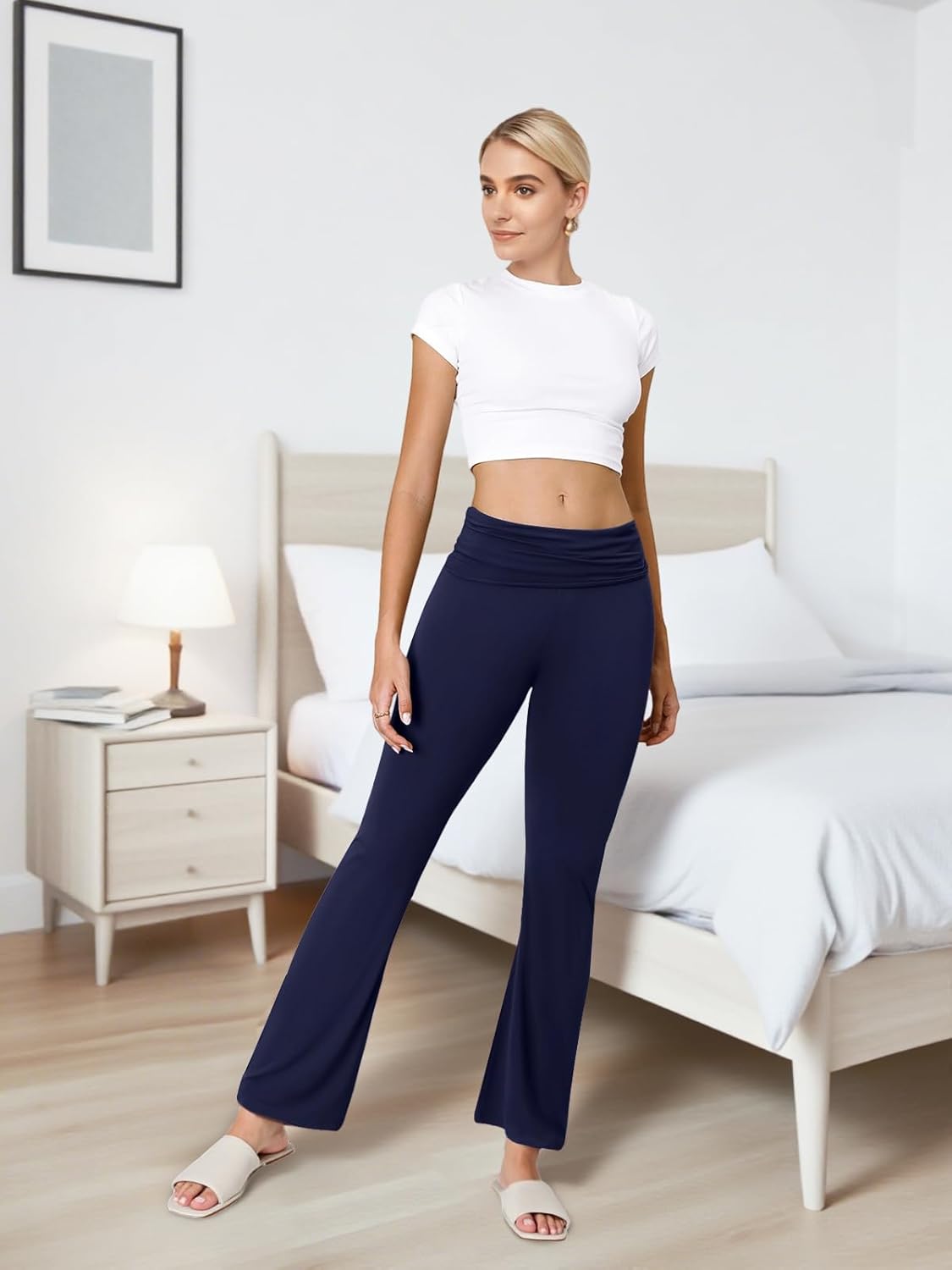 Flare Leggings for Women Fold Over Yoga Pants Stretch Bell Bottom Y2K Lounge Casual Sweatpants - Image 4