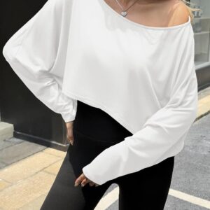 Fisoew Womens Off The Shoulder Cropped Tops Batwing Long Sleeve Loose Fit Summer Boat Neck Workout T Shirts