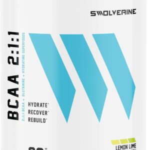 Swolverine BCAA Powder 2:1:1 with L-Glutamine & Electrolytes – Stimulant-Free Amino Acid Supplement for Muscle Recovery, Hydration & Endurance Support, 30 Servings, Lemon Lime