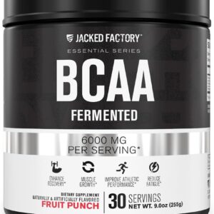 Jacked Factory BCAA Powder (Fermented) – 6g Branched Chain Essential Amino Acid Supplement for Improved Muscle Recovery, Reduced Fatigue, Increased Strength, Muscle Growth – 30 Servings, Fruit Punch