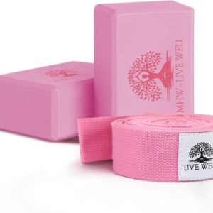 Live Well Starter Kit for Beginners – 2 EVA Foam Yoga Blocks (3x6x9 in) + 8ft Pink Yoga Strap with Loops – Yoga Accessories for Stretching, Balance, Alignment & Flexibility