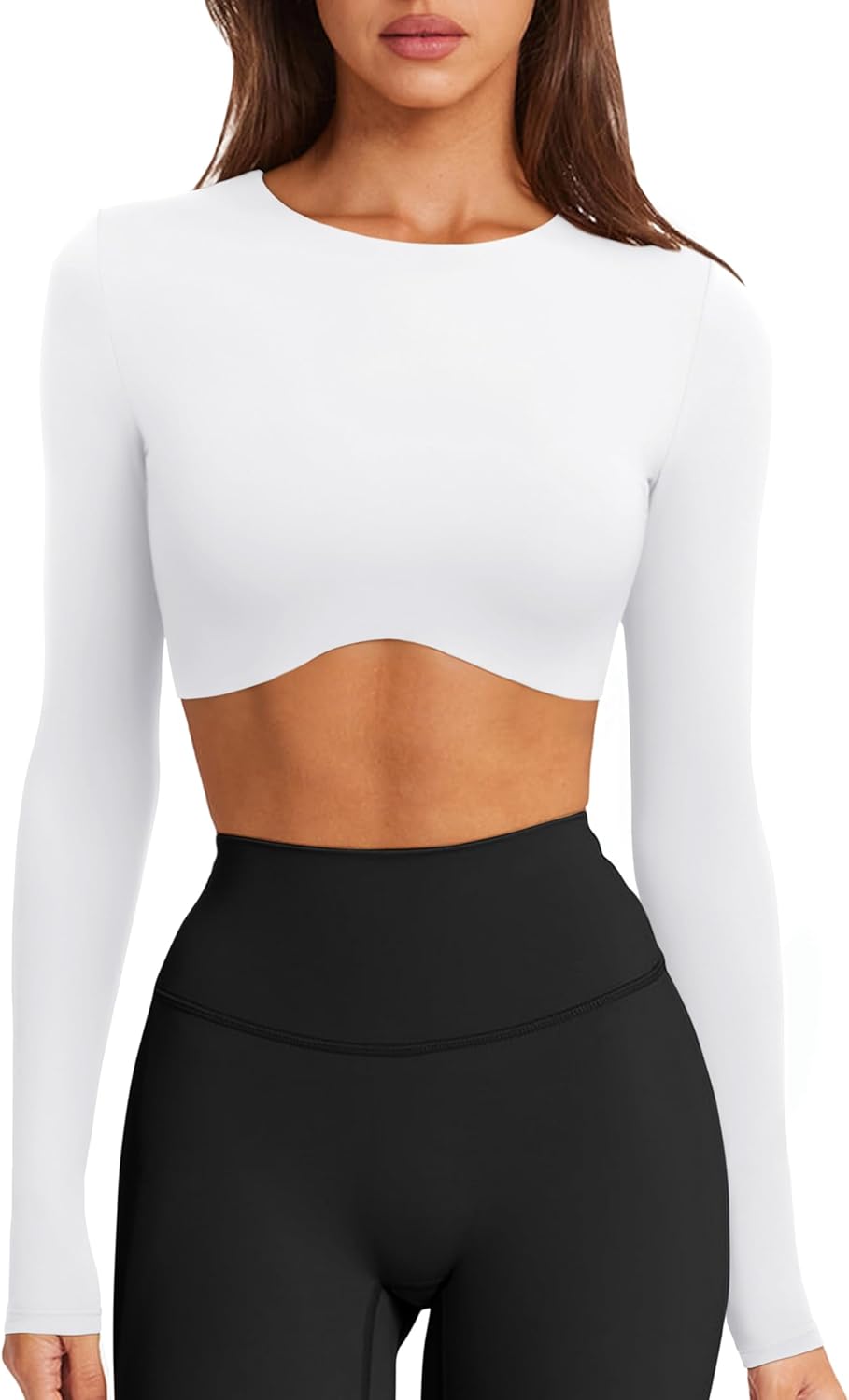 LASLULU Womens Sexy Double Lined Long Sleeve Shirts Crewneck Workout Tops Athletic Yoga Shirts Going Out Crop Tops