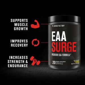 Jacked Factory EAA Surge Essential Amino Acids Powder – EAAS & BCAA Intra Workout Supplement w/L-Citrulline, Taurine, & More for Muscle Building, Strength, Endurance, Recovery – Pineapple, 20sv