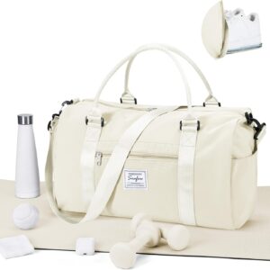 Gym Bag for Women Men with Shoes Compartment and Wet Pocket,Sport Swimming Yoga Bag,Waterproof Travel Duffel Bag Small Carry on Bag Overnight Weekender Bags Personal Item Bag for Airlines Cream White