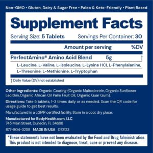 BodyHealth PerfectAmino Easy to Swallow Tablets, Essential Amino Acids Supplement with BCAAs, Vegan Protein for Pre/Post Workout & Muscle Recovery with Lysine, Tryptophan, Leucine (36 Servings)